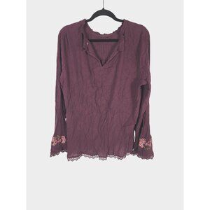 Y2K Womens Boho Festival Burgundy Top Flare Sleeves Embroidery Pin Tuck XL